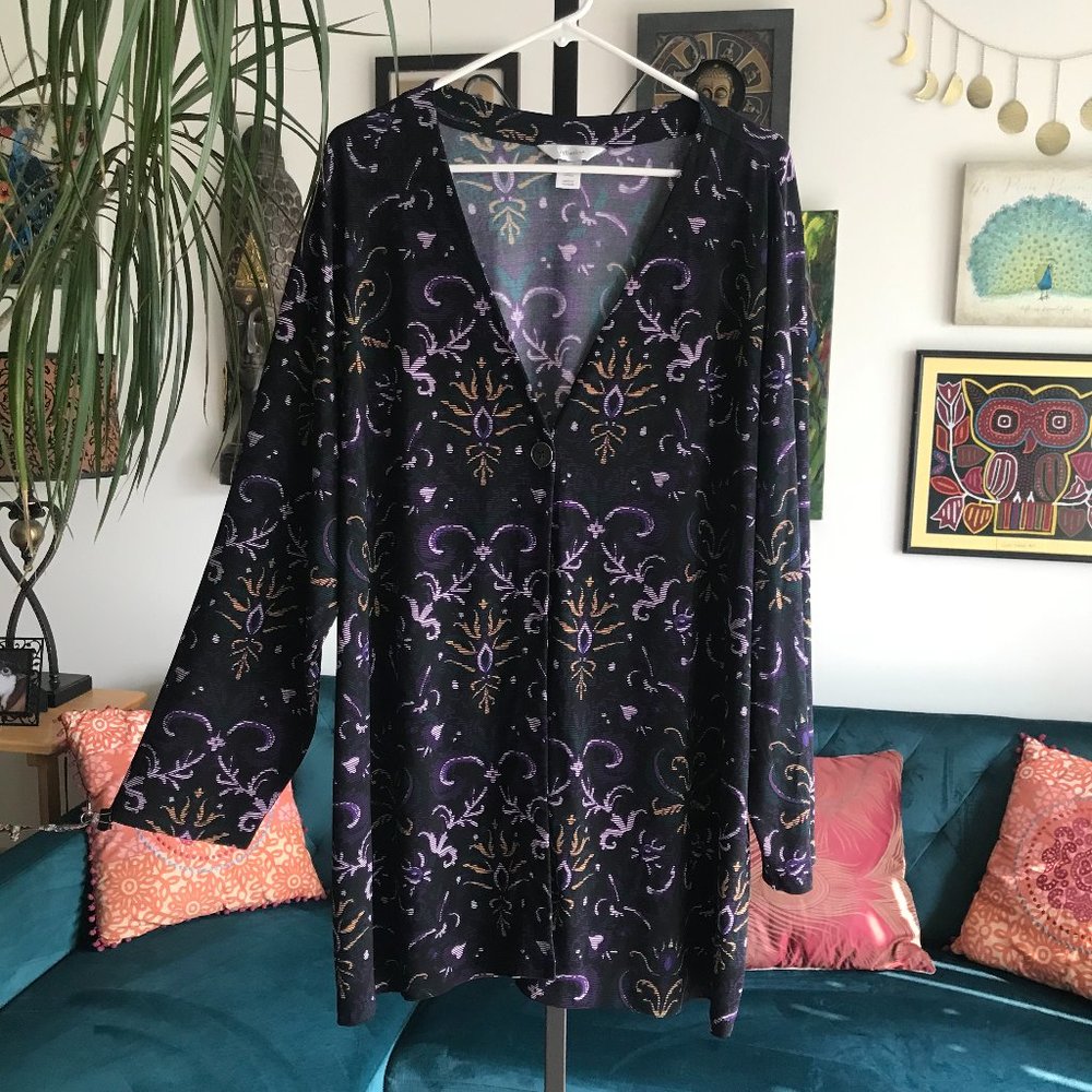 CJ BANKS size 1X Black Purple & Gold Print Stretch Jersey Cardigan Top